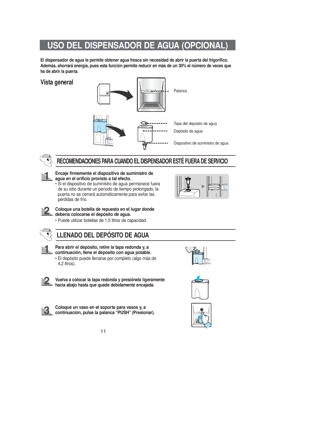 Samsung RL36SBSW1/XES, RL36SBSW1/XEG, RL36SBSW1/XEF, RL39SBSM1/XES manual USO DEL Dispensador DE Agua Opcional, Vista general 