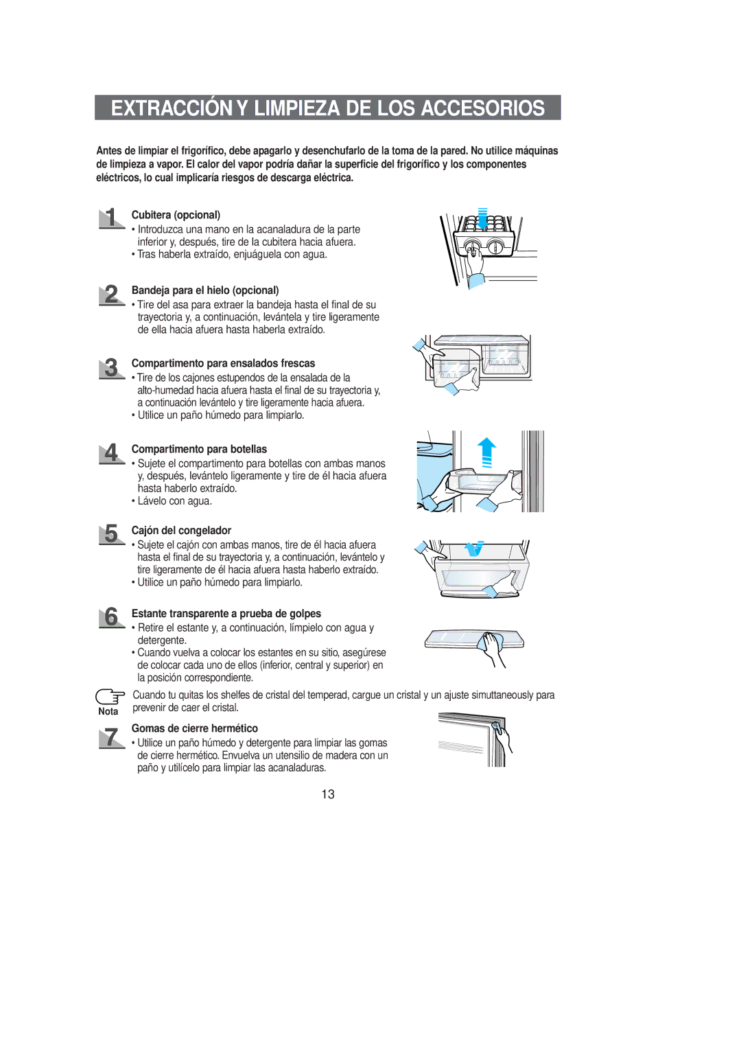 Samsung RL39EBSW2/XES manual Extracción Y Limpieza DE LOS Accesorios, Cubitera opcional, Bandeja para el hielo opcional 