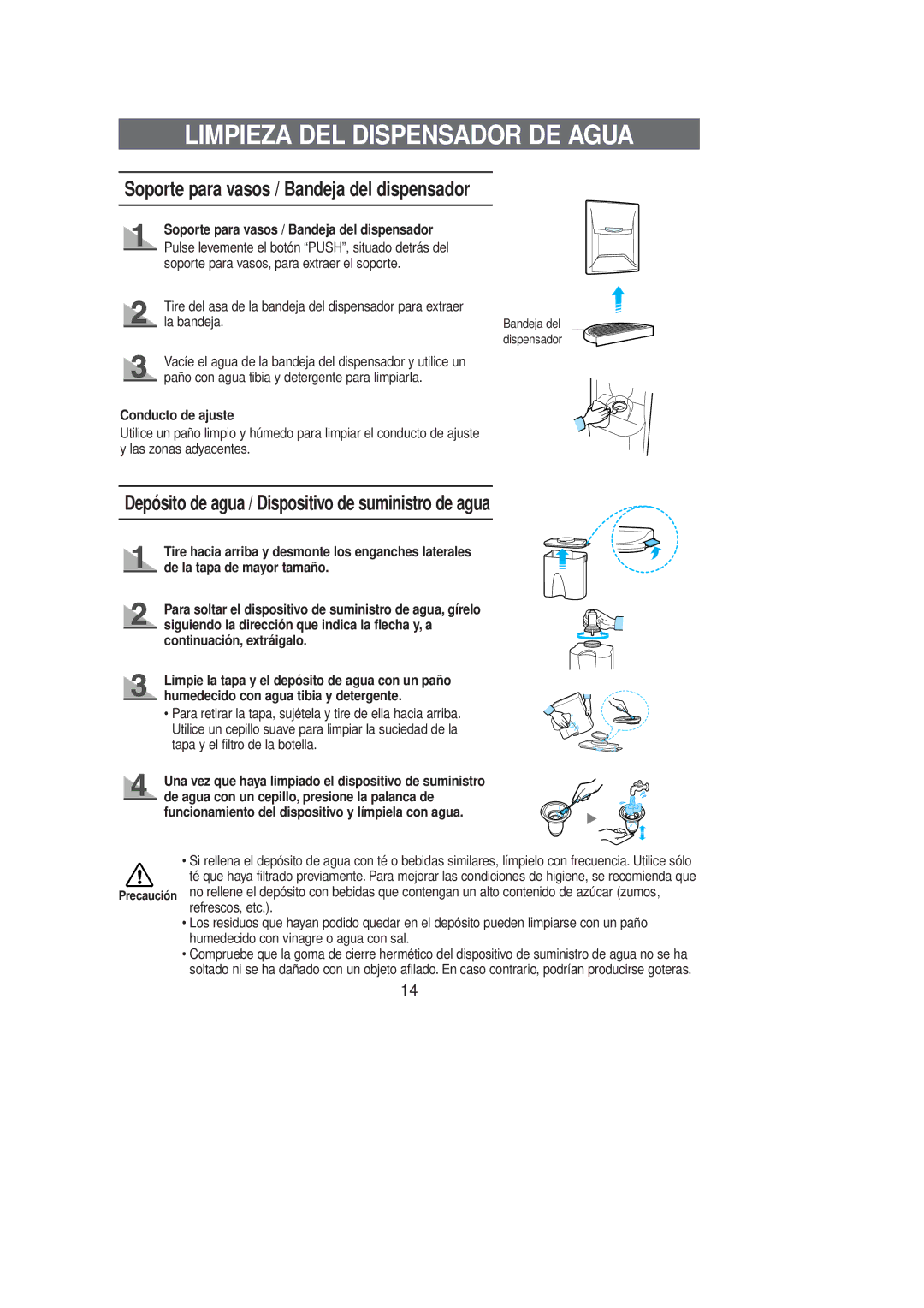 Samsung RL39SBMS1/DOR manual Limpieza DEL Dispensador DE Agua, Depósito de agua / Dispositivo de suministro de agua 