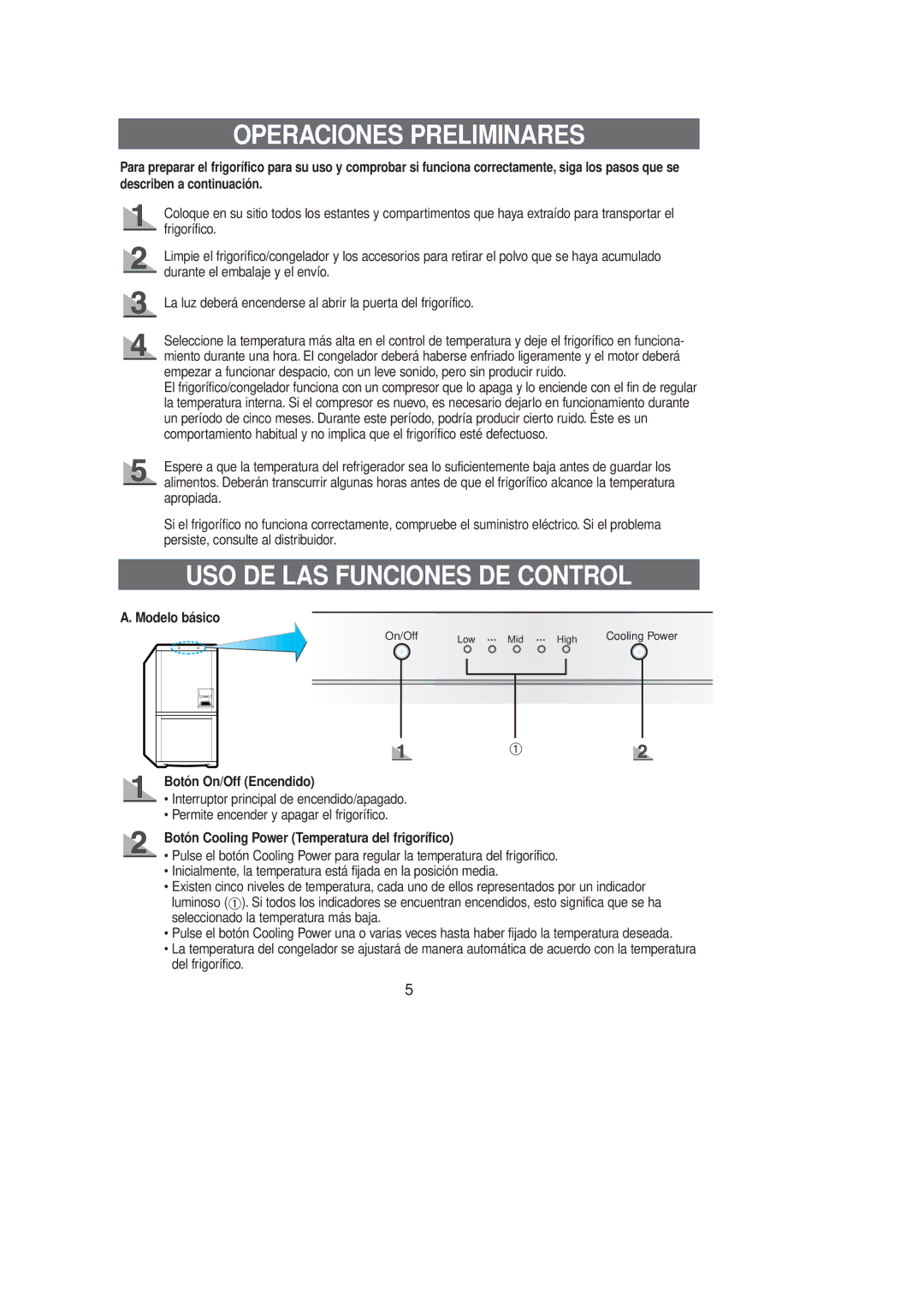 Samsung RL39SBSW2/XES Operaciones Preliminares, USO DE LAS Funciones DE Control, Modelo básico, Botón On/Off Encendido 