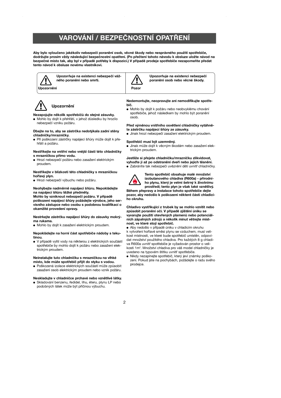 Samsung RL39WBSM1/LIB manual Varování / Bezpečnostní Opatření, Upozornění, Nezapojujte několik spotřebičů do stejné zásuvky 