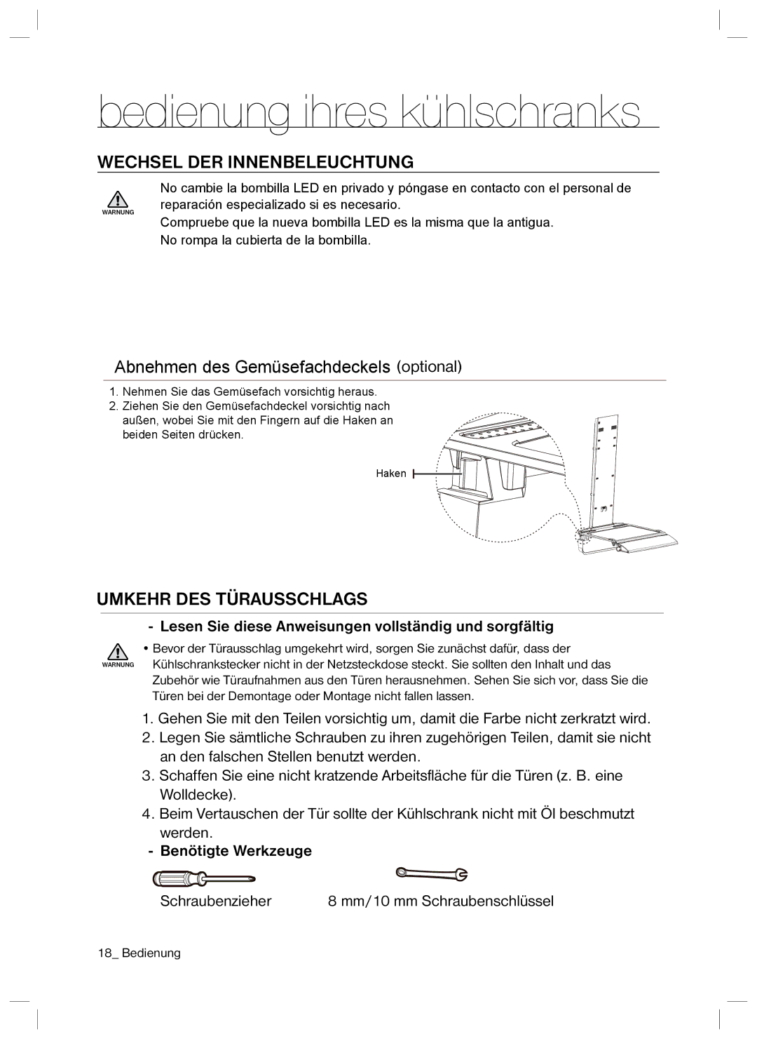 Samsung RL34SCPS1/XEG, RL37HDFH1/XEG manual Wechsel DER Innenbeleuchtung, Umkehr DES Türausschlags, Benötigte Werkzeuge 