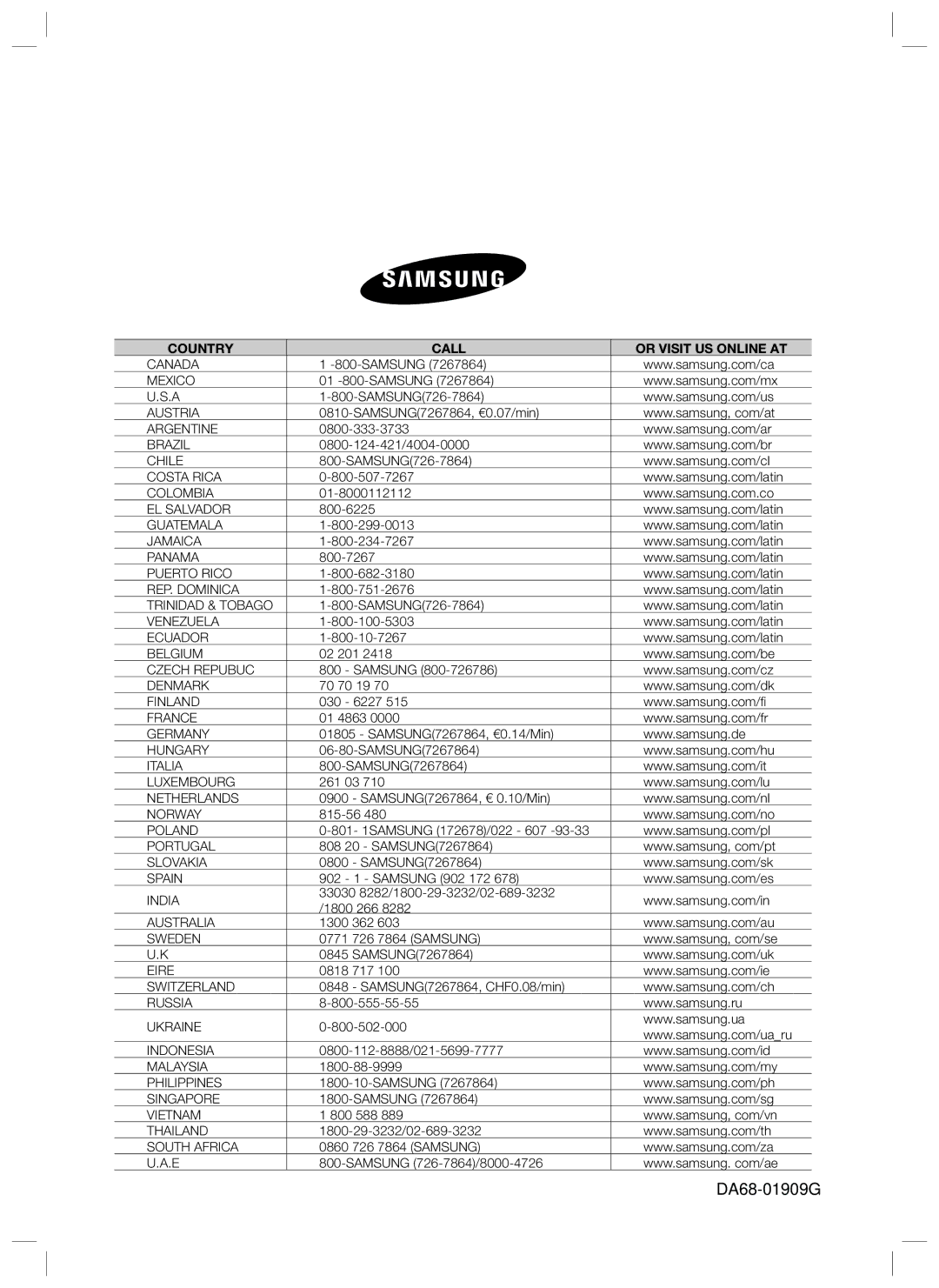 Samsung RL34HGSW1/XEG, RL37HDFH1/XEG, RL34LCPS1/XEG, RL34SCPS1/XEO, RL34ECPS2/XES, RL40UGVG1/XEG, RL40HGSW1/EUR DA68-01909G 