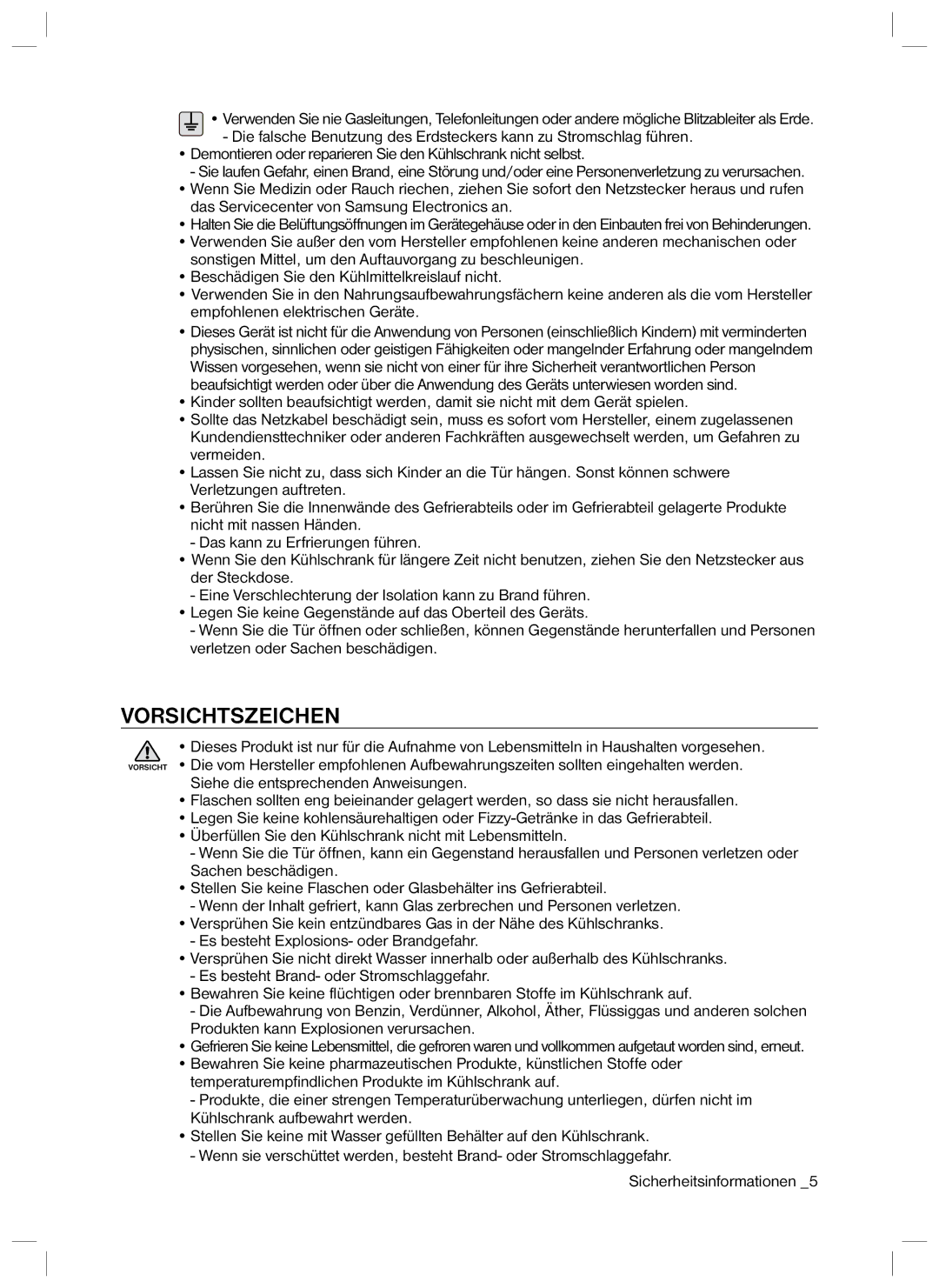 Samsung RL40HGSW1/EUR, RL37HDFH1/XEG, RL34LCPS1/XEG, RL34SCPS1/XEO, RL34ECPS2/XES, RL40UGVG1/XEG manual Vorsichtszeichen 