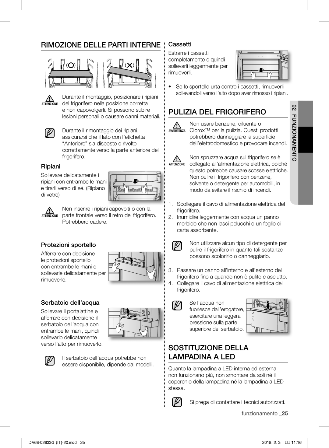 Samsung RL30J3505SS/EG manual Rimozione Delle Parti Interne, Pulizia DEL Frigorifero, Sostituzione Della Lampadina a LED 