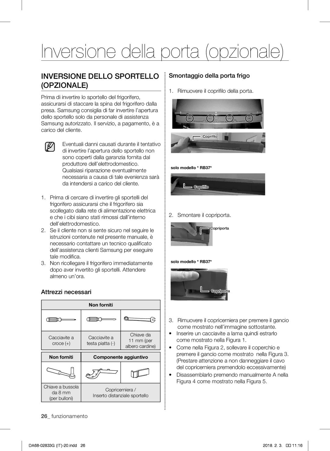 Samsung RB37J5349SL/EF manual Inversione Dello Sportello Opzionale, Attrezzi necessari, Smontaggio della porta frigo 