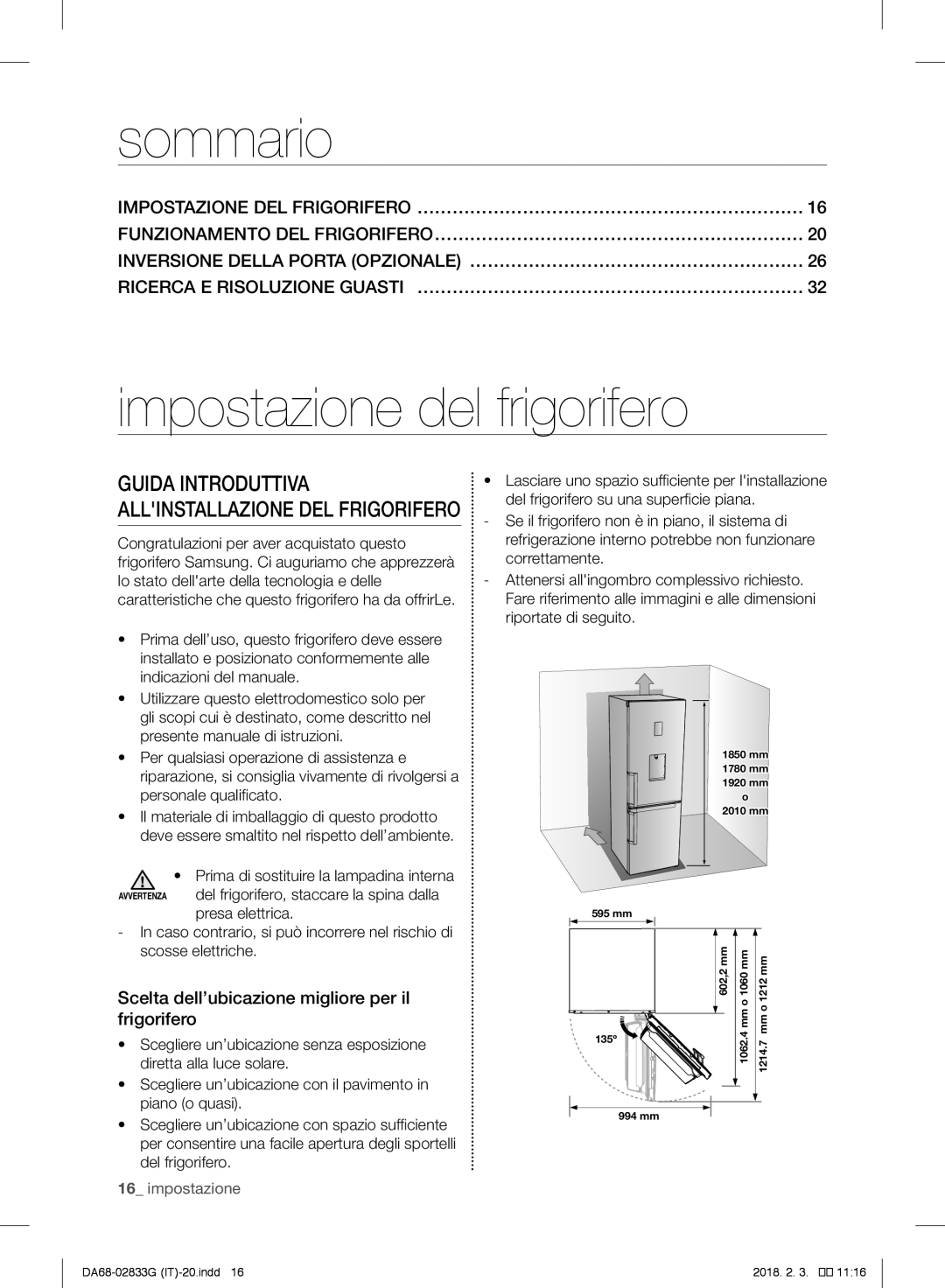 Samsung RL30J3415SS/EG manual sommario, impostazione del frigorifero, Impostazione Del Frigorifero…………………………………………………………… 