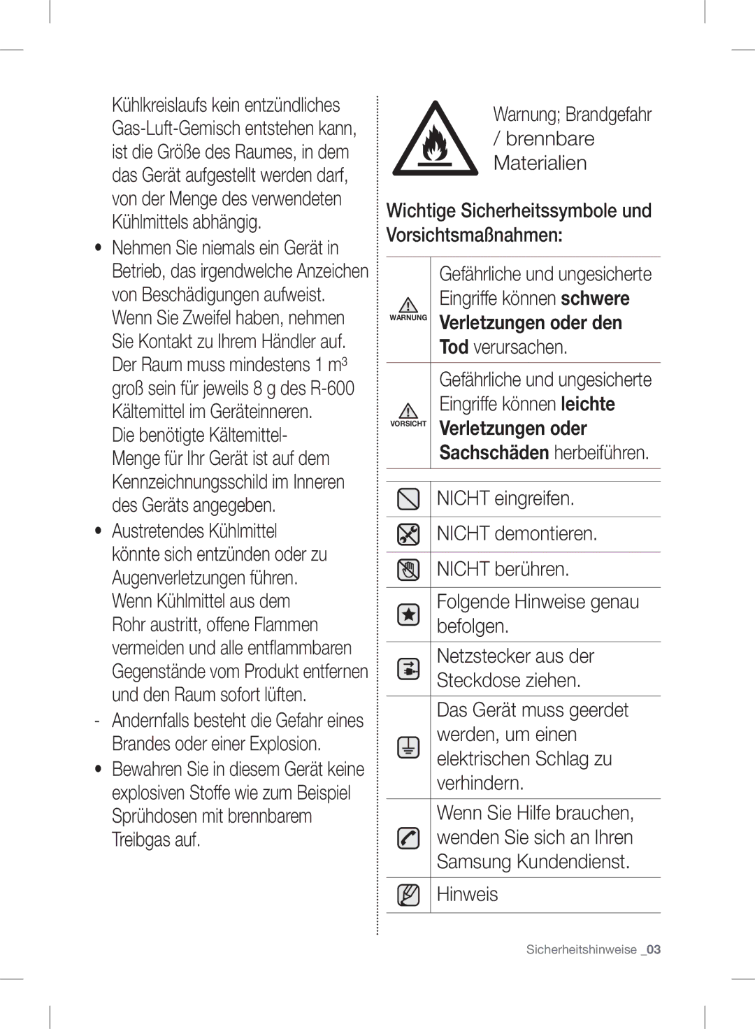 Samsung RB37J5018SA/EF Tod verursachen, Eingriffe können leichte, Nicht eingreifen, Nicht demontieren, Nicht berühren 