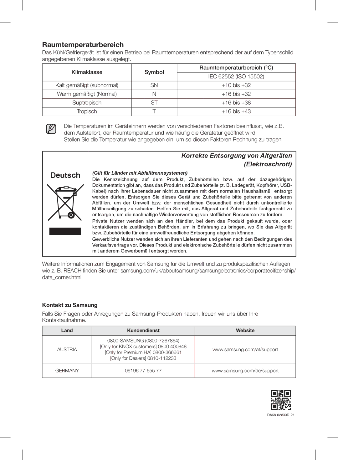 Samsung RB37J5315SS/EF, RL37J5049B1/EG, RL29FEJNBSS/EG, RL33J3105SA/EG +10 bis +32, +16 bis +32, +16 bis +38, +16 bis +43 