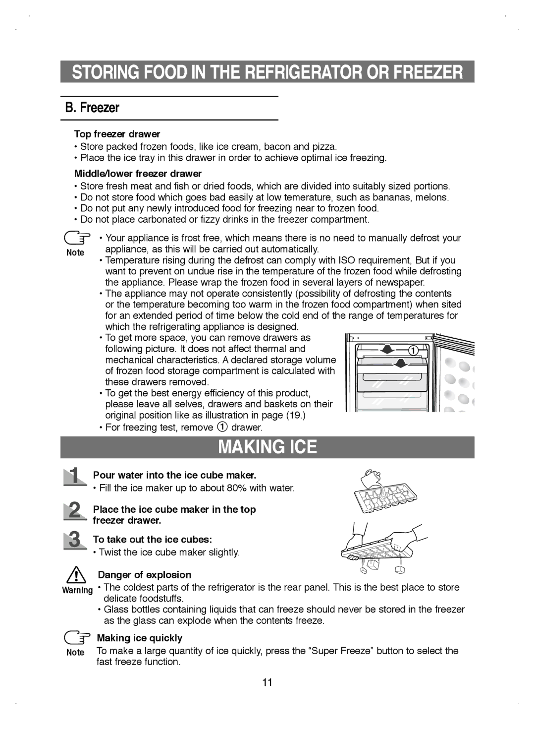 Samsung RL38HCPS1/XEO, RL38ECSW1/XEK, RL39WBSW1/BUL, RL39WBSW1/XEO, RL44PCIH1/XEH, RL38HCIH1/XEH manual Making ICE, Freezer 