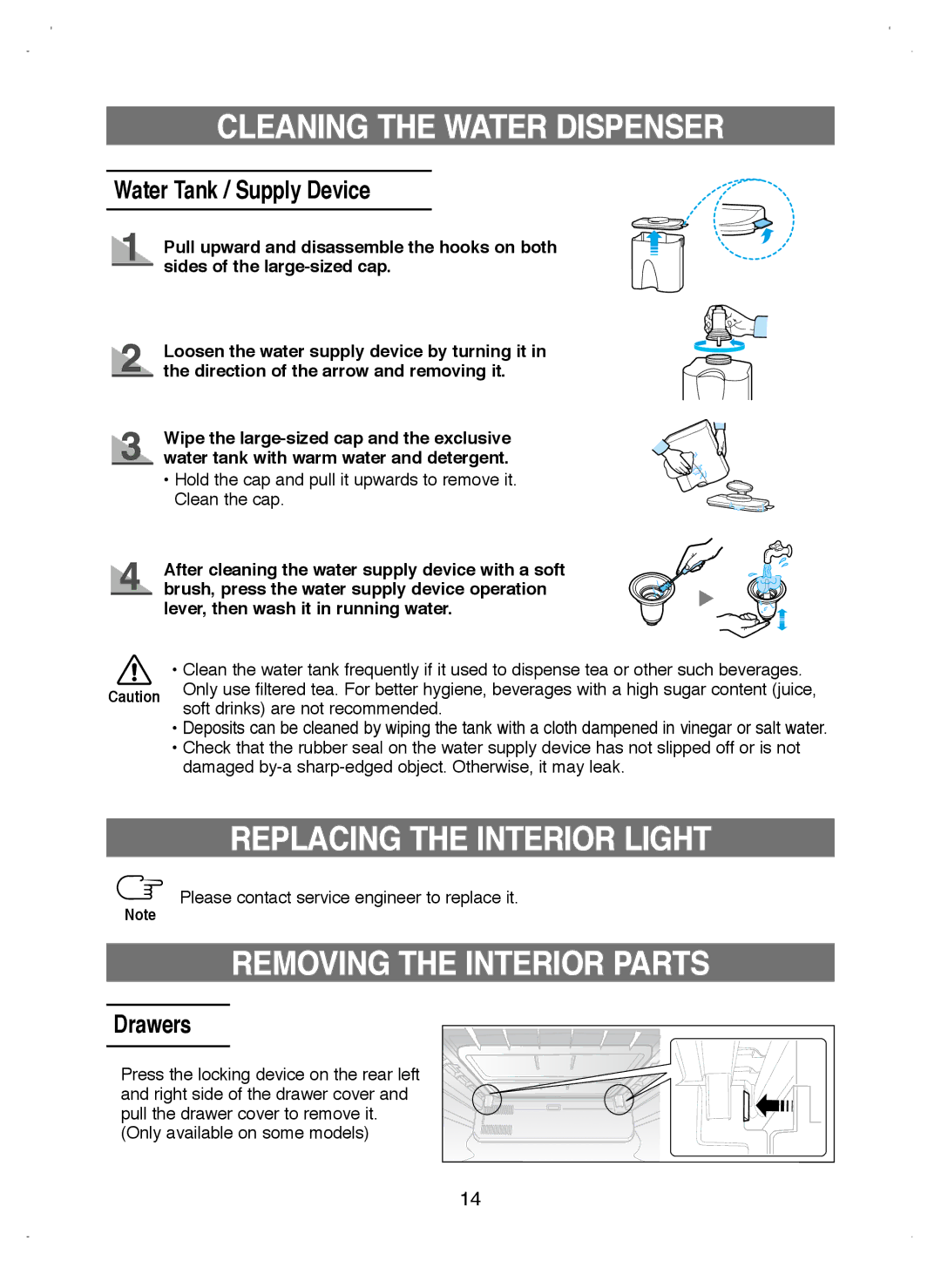 Samsung RL41HCUS1/XEO manual Replacing the Interior Light, Removing the Interior Parts, Water Tank / Supply Device, Drawers 