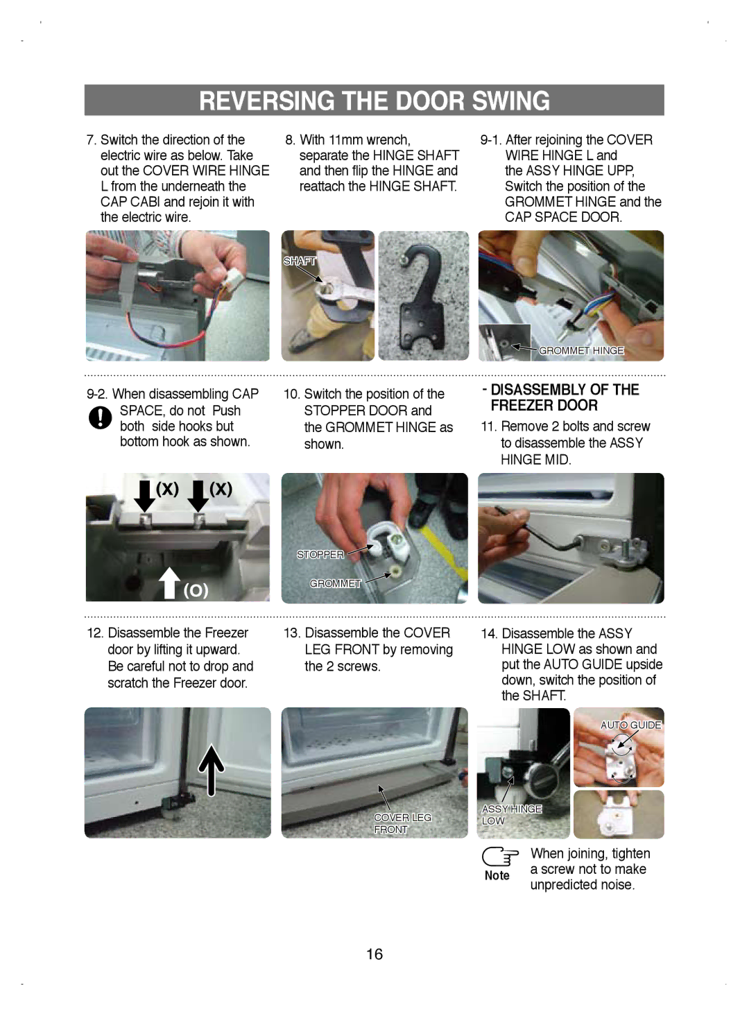 Samsung RL38ECSW1/XEK, RL39WBSW1/BUL Switch the position, Stopper Door, Grommet Hinge as, Shown, Disassemble the Freezer 