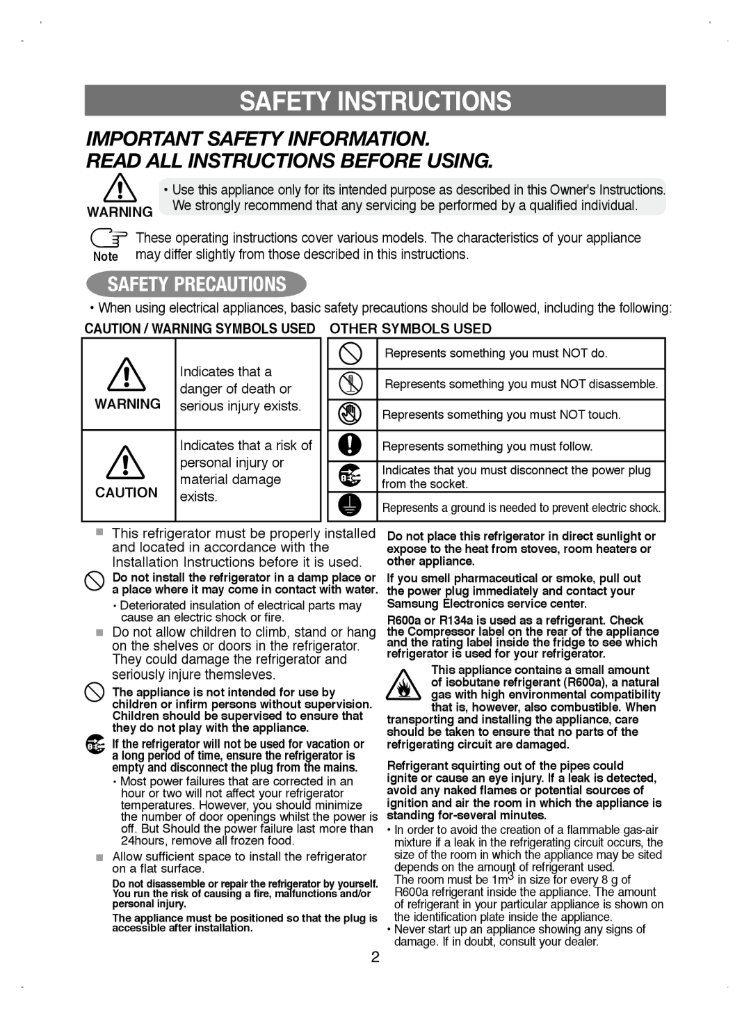 Samsung RL39WBSW1/XEO, RL38ECSW1/XEK, RL39WBSW1/BUL manual Safety Instructions, Indicates that a Serious injury exists 