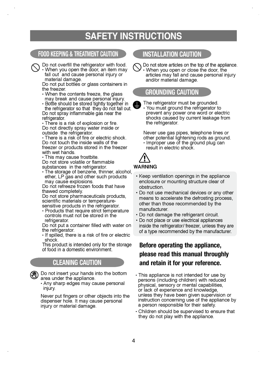 Samsung RL38HCIH1/XEH manual Do not overfill the refrigerator with food, You must ground the refrigerator to, Shock 