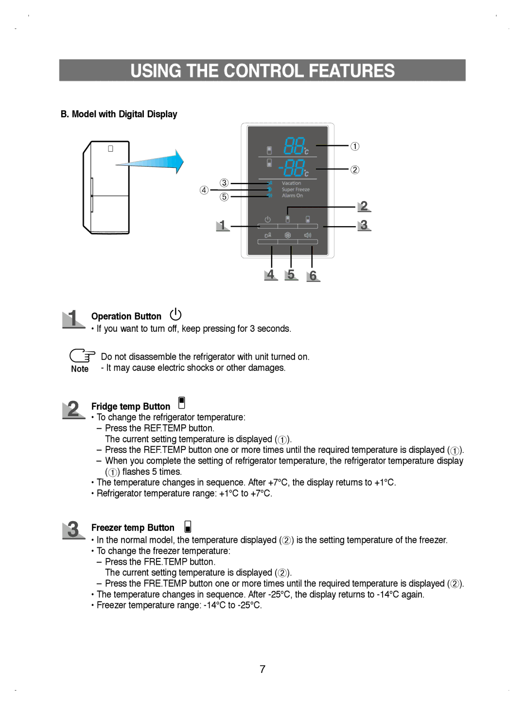 Samsung RL38HCIH1/XEO, RL38ECSW1/XEK, RL39WBSW1/BUL Model with Digital Display, Fridge temp Button, Freezer temp Button 