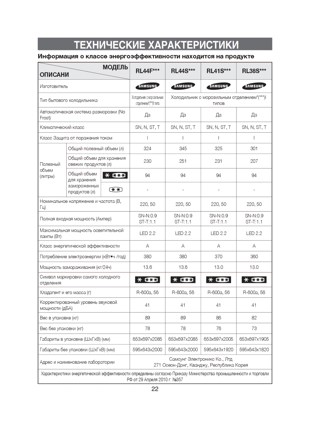 Samsung RL38ECSW1/BUS, RL38ECSW1/XEK, RL41ECPS1/XEK, RL38ECPS1/XEK, RL41SBSW1/BWT, RL44ECIH1/XEK manual RL44F RL44S, RL38S 