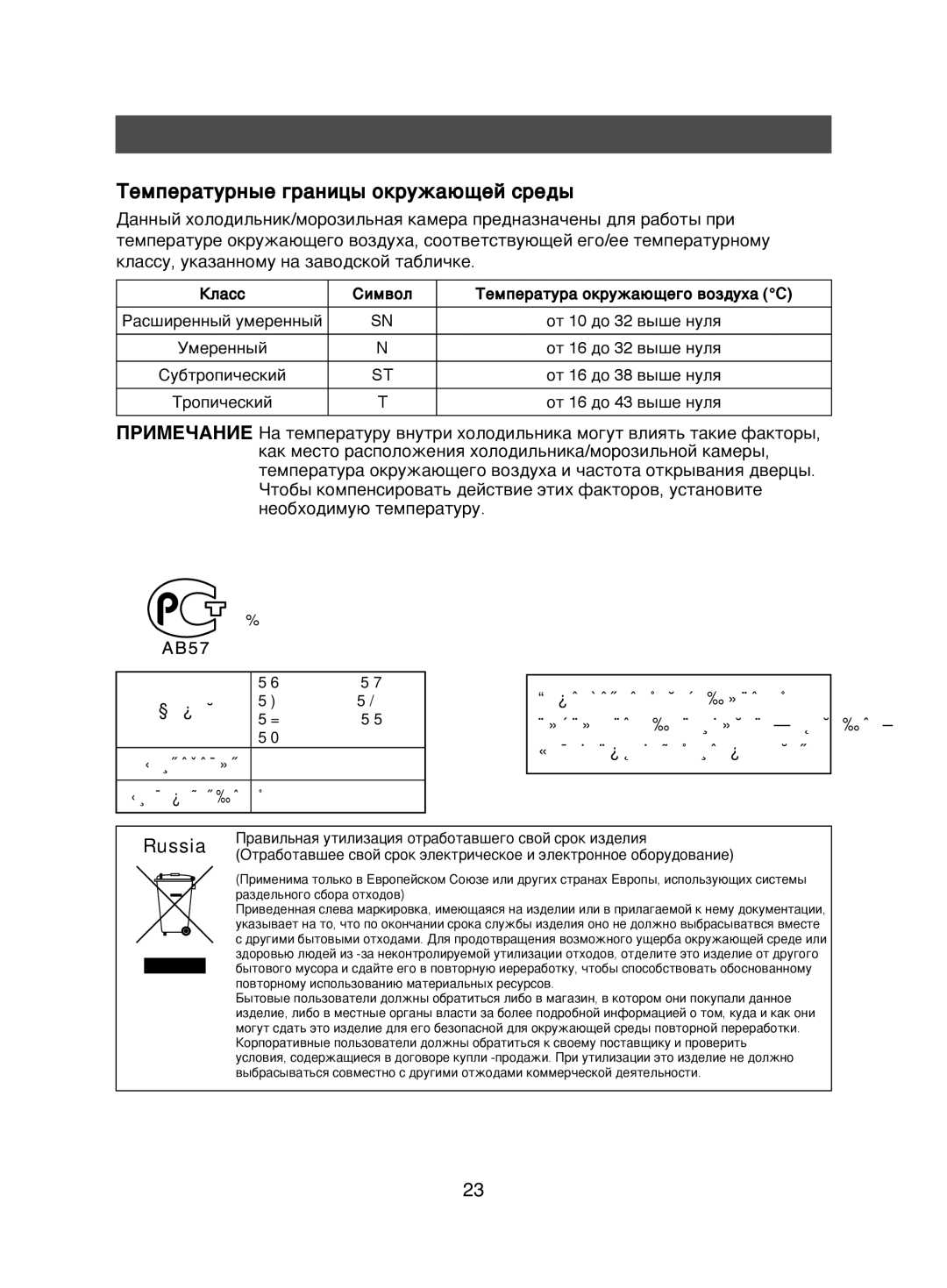 Samsung RL41HCUS1/BWT, RL38ECSW1/XEK, RL41ECPS1/XEK, RL38ECPS1/XEK, RL41SBSW1/BWT manual Температурные границы окружающей среды 