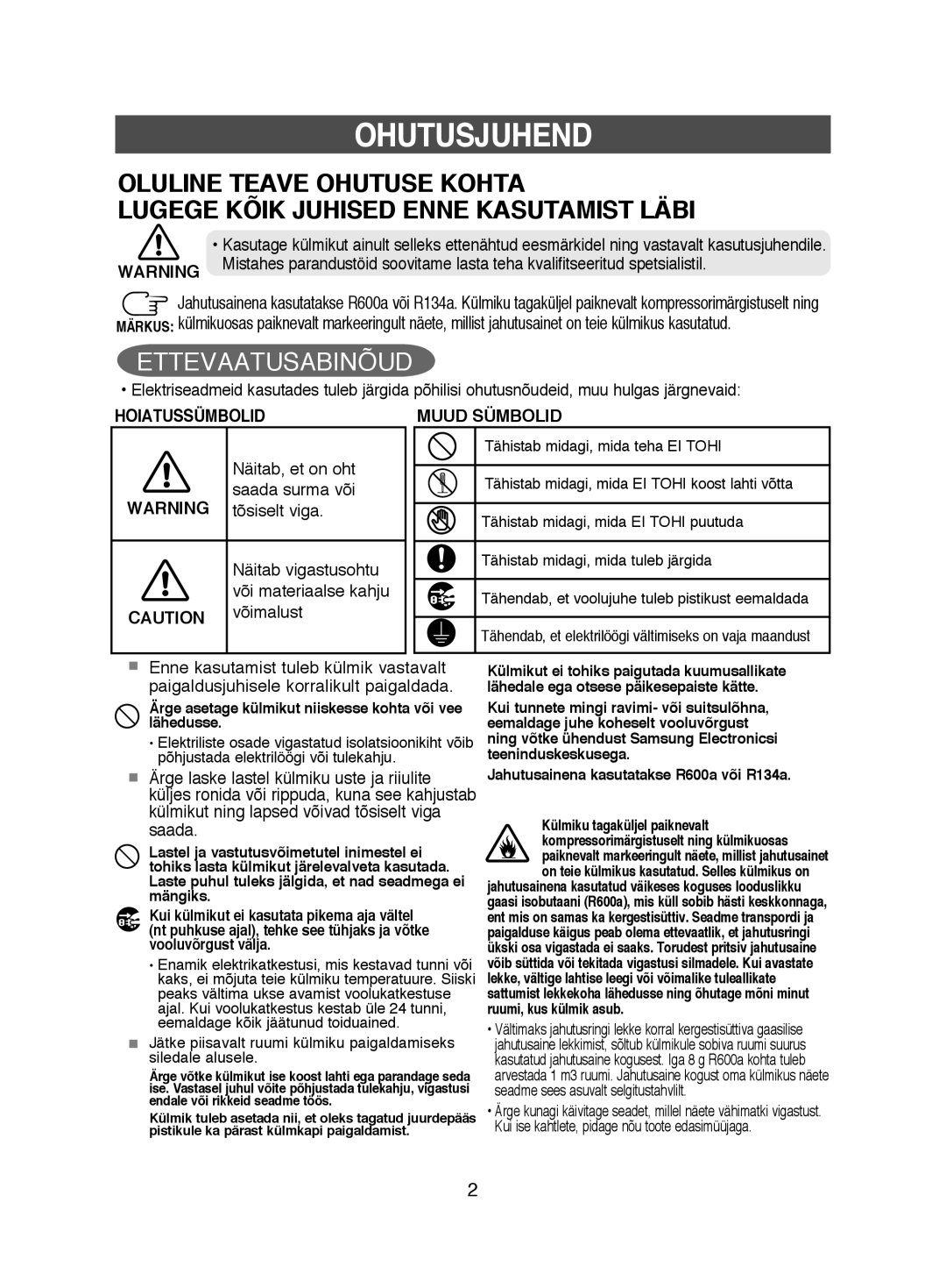 Samsung RL38ECVB1/BWT, RL38ECSW1/XEK manual Ohutusjuhend, Näitab, et on oht, Saada surma või, Näitab vigastusohtu, Võimalust 