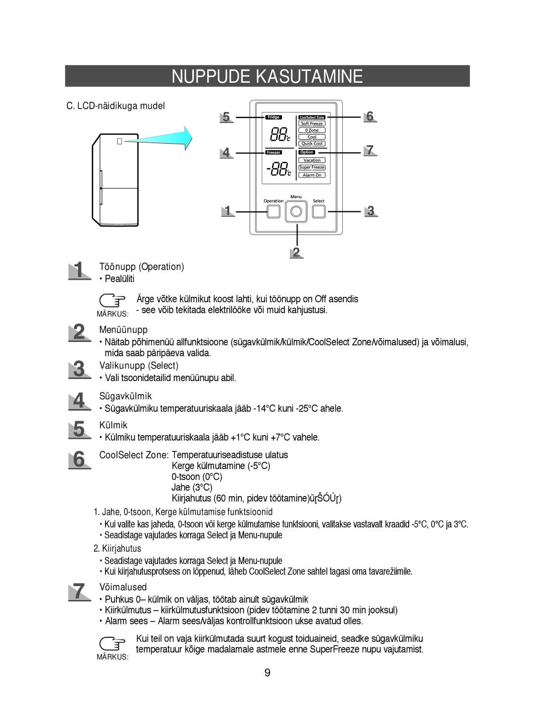 Samsung RL38ECSW1/XEK LCD-näidikuga mudel Töönupp Operation, Menüünupp, Valikunupp Select, Sügavkülmik, Külmik, Võimalused 