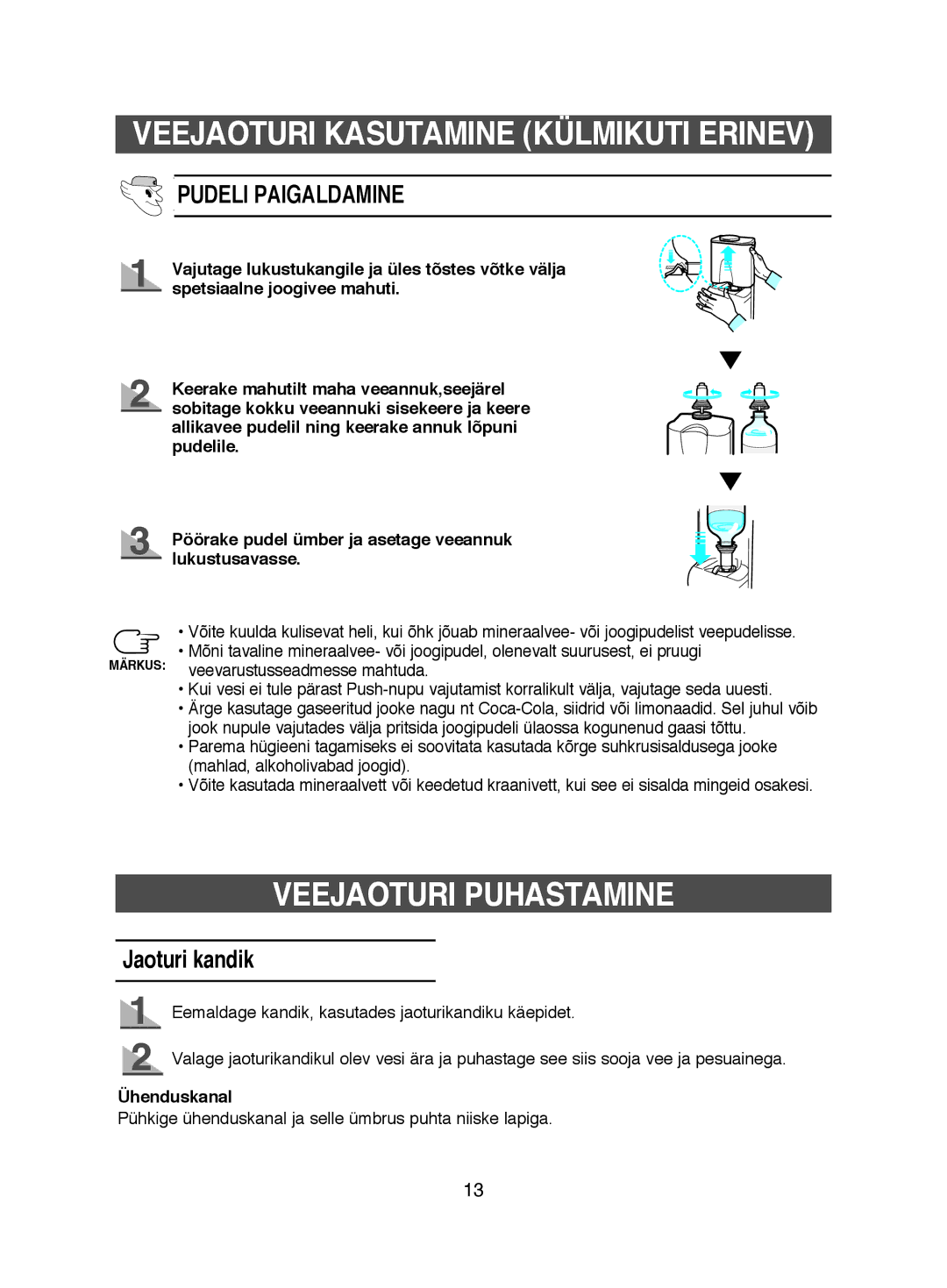 Samsung RL44ECIH1/XEK, RL38ECSW1/XEK manual Veejaoturi Puhastamine, Pudeli Paigaldamine, Jaoturi kandik, Ühenduskanal 