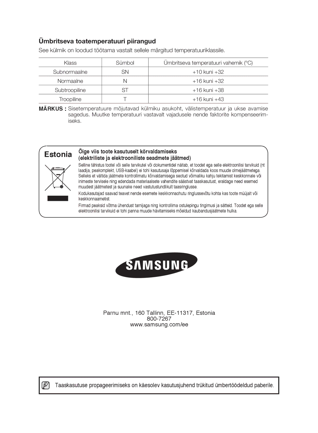 Samsung RL41ECIH1/XEK manual Õige viis toote kasutuselt kõrvaldamiseks, Elektriliste ja elektrooniliste seadmete jäätmed 