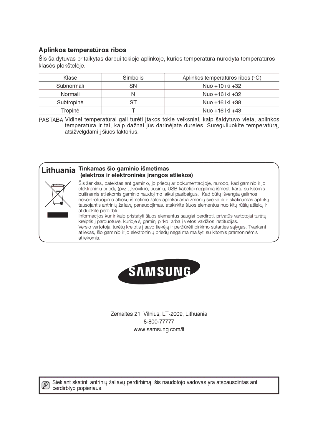 Samsung RL41ECSW1/BWT, RL38ECSW1/XEK, RL41ECPS1/XEK, RL38ECPS1/XEK, RL41SBSW1/BWT, RL44ECIH1/XEK Aplinkos temperatūros ribos 