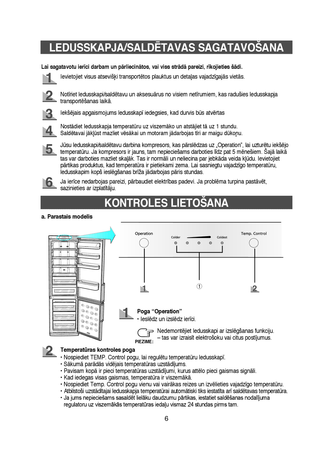 Samsung RL44ECPW1/BWT, RL38ECSW1/XEK Kontroles Lietošana, Parastais modelis Poga Operation, Temperatras kontroles poga 