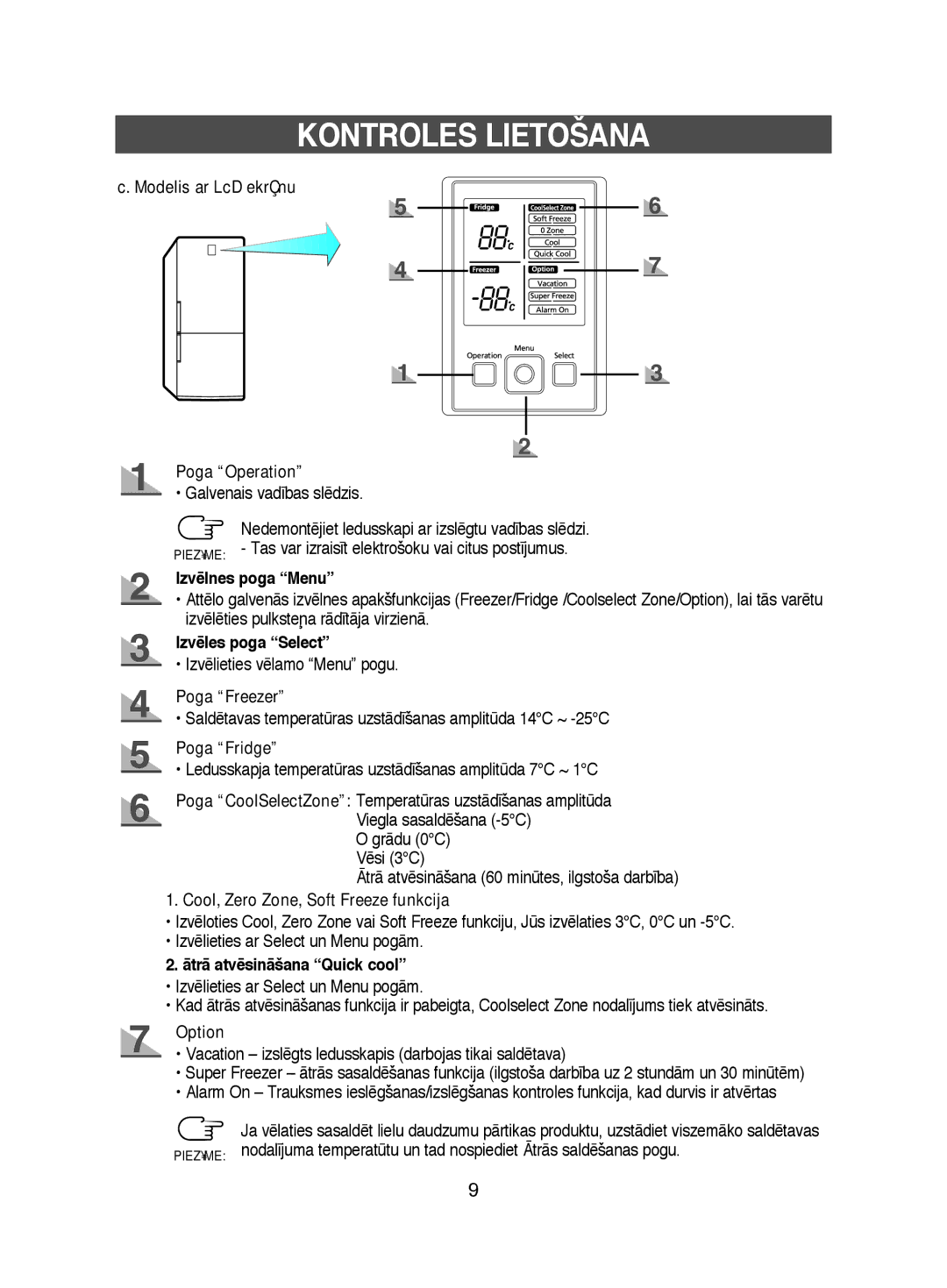 Samsung RL41ECSW1/BUS Modelis ar LcD ekrÇnu Poga Operation, Izvïlnes poga Menu, Izvïles poga Select, Poga Freezer, Option 