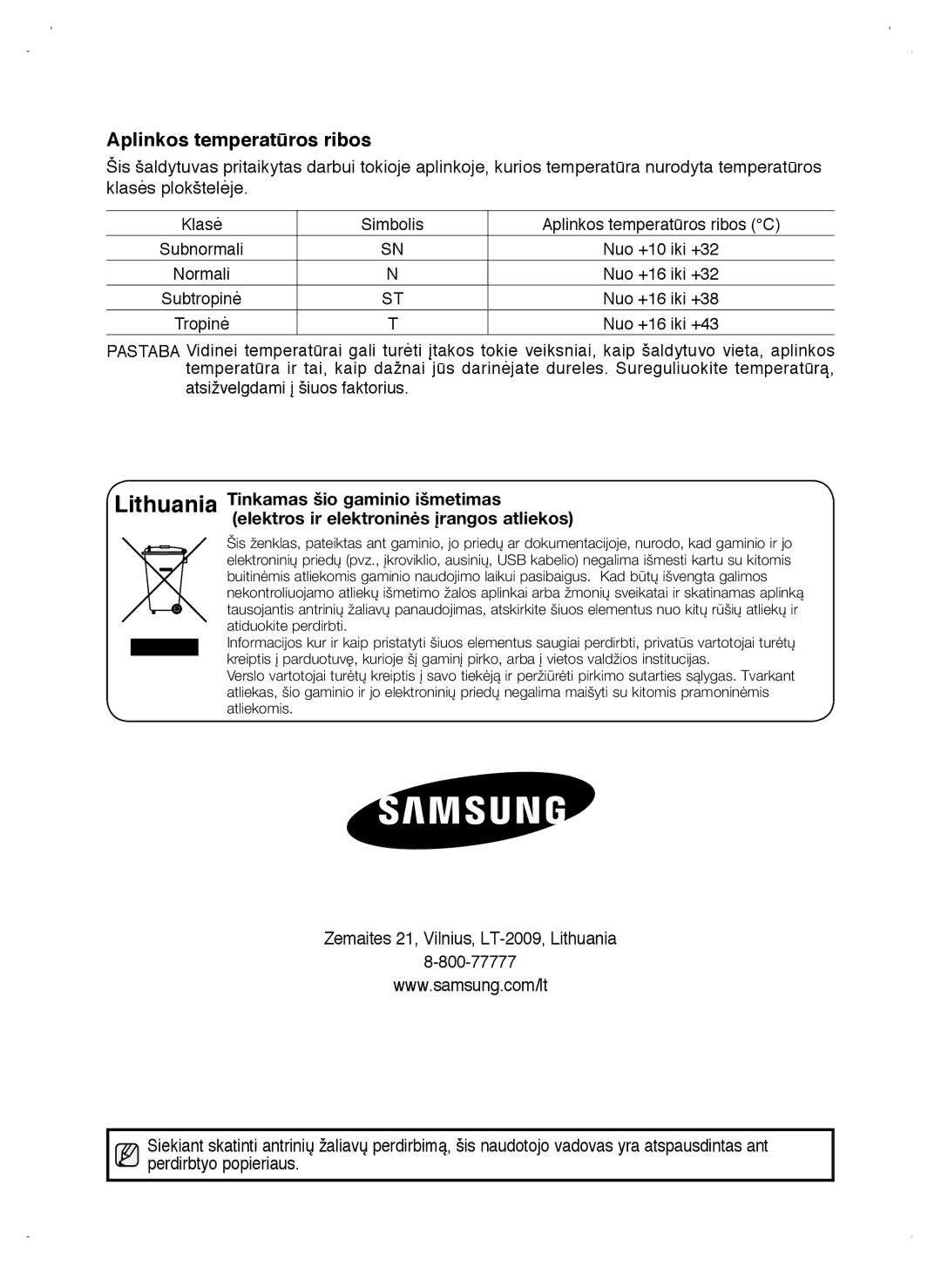 Samsung RL38ECSW1/XEK manual Aplinkos temperatūros ribos 