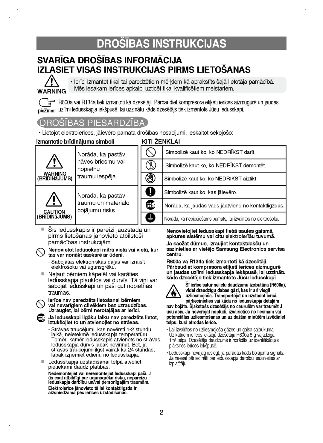 Samsung RL38ECSW1/XEK manual DROŠ±BAS Instrukcijas, Izmantotie br¥dinÇjuma simboli 