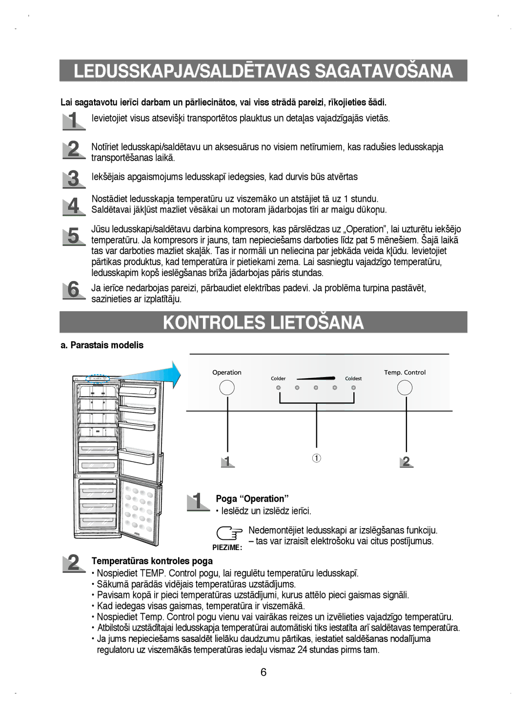 Samsung RL38ECSW1/XEK manual LEDUSSKAPJA/SALDîTAVAS Sagatavošana, Kontroles Lietošana, Parastais modelis Poga Operation 