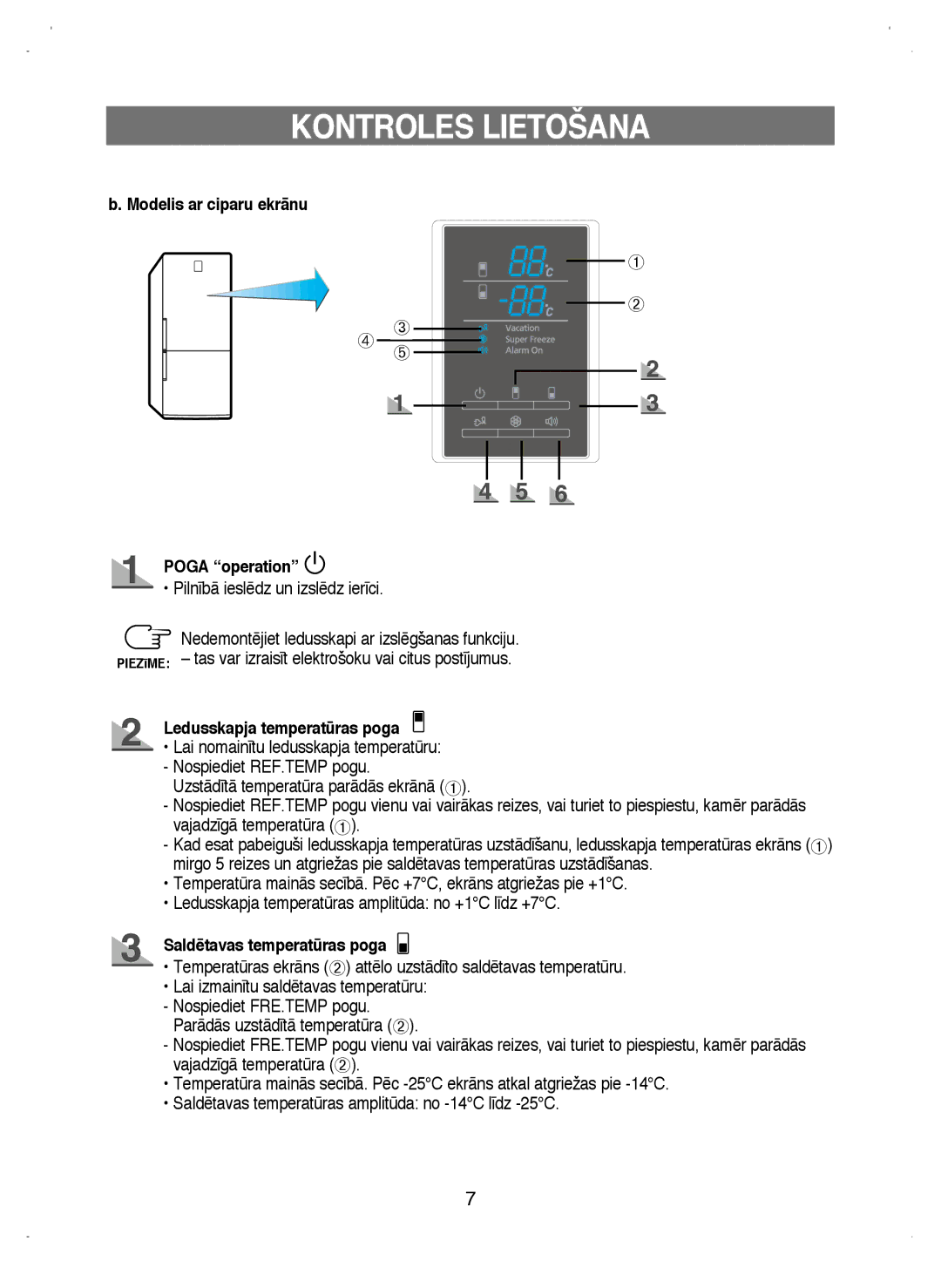 Samsung RL38ECSW1/XEK manual Modelis ar ciparu ekrÇnu, Ledusskapja temperatras poga, Saldïtavas temperatras poga 