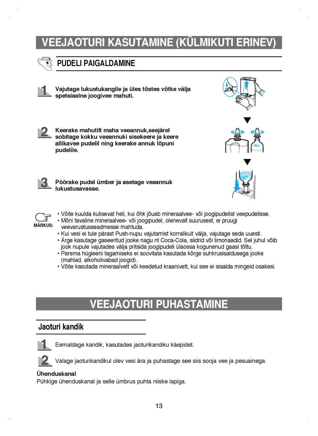 Samsung RL38ECSW1/XEK manual Veejaoturi Puhastamine, Pudeli Paigaldamine, Jaoturi kandik, Ühenduskanal 