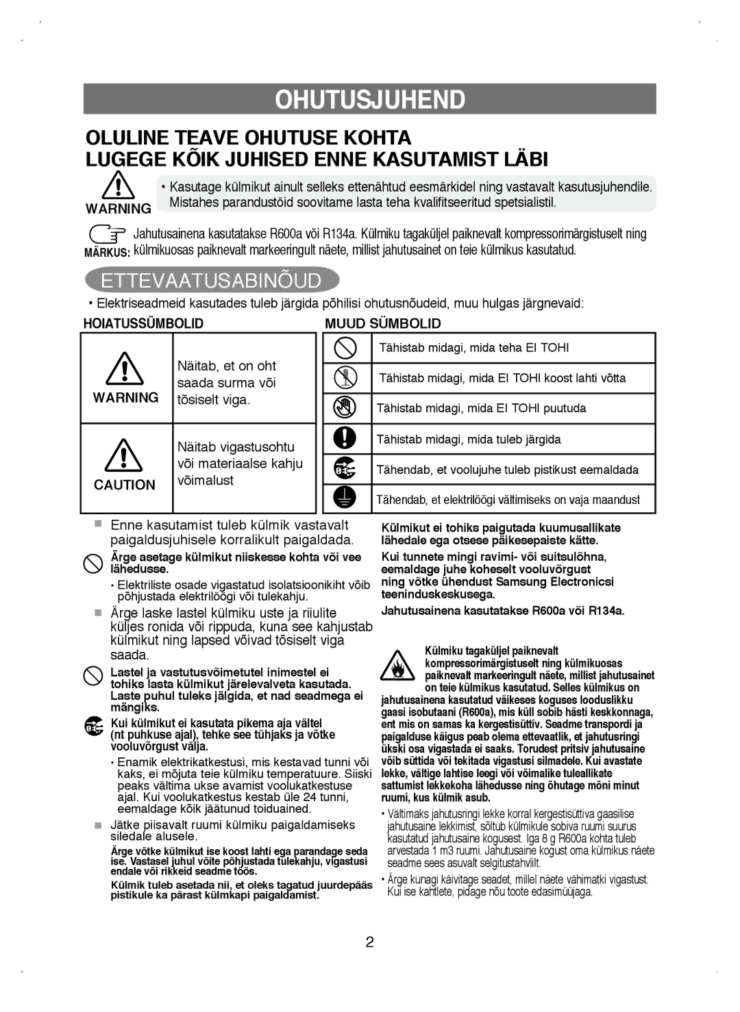 Samsung RL38ECSW1/XEK manual Ohutusjuhend, Ettevaatusabinõud 