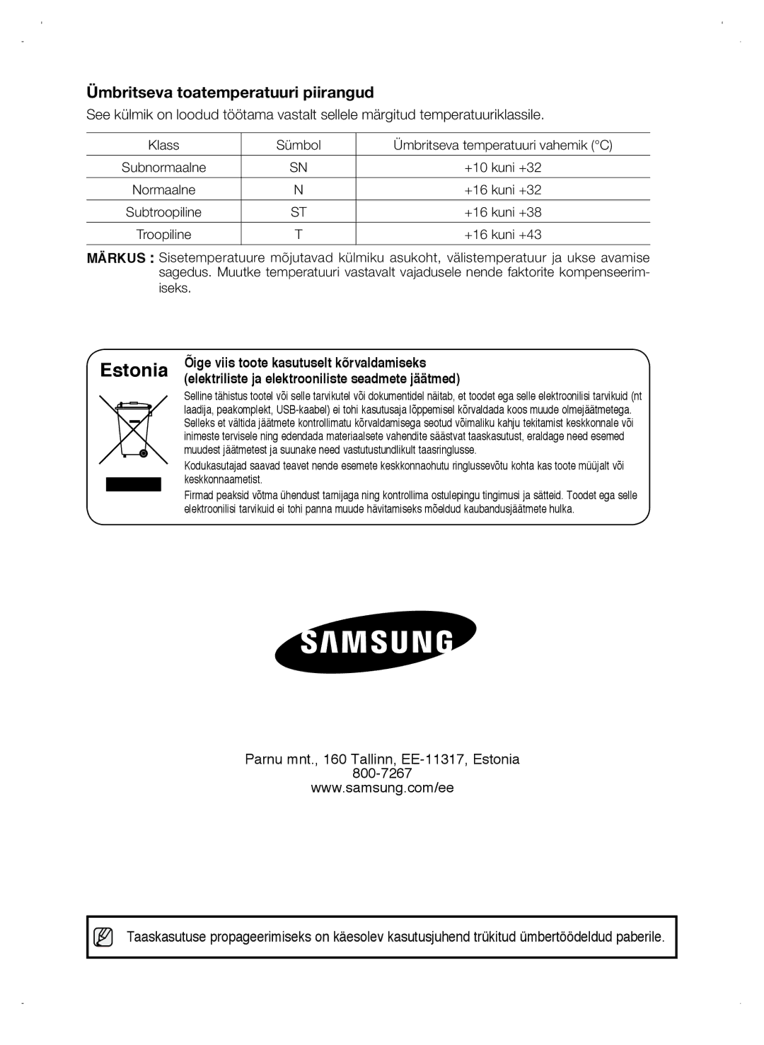 Samsung RL38ECSW1/XEK manual Õige viis toote kasutuselt kõrvaldamiseks, Elektriliste ja elektrooniliste seadmete jäätmed 