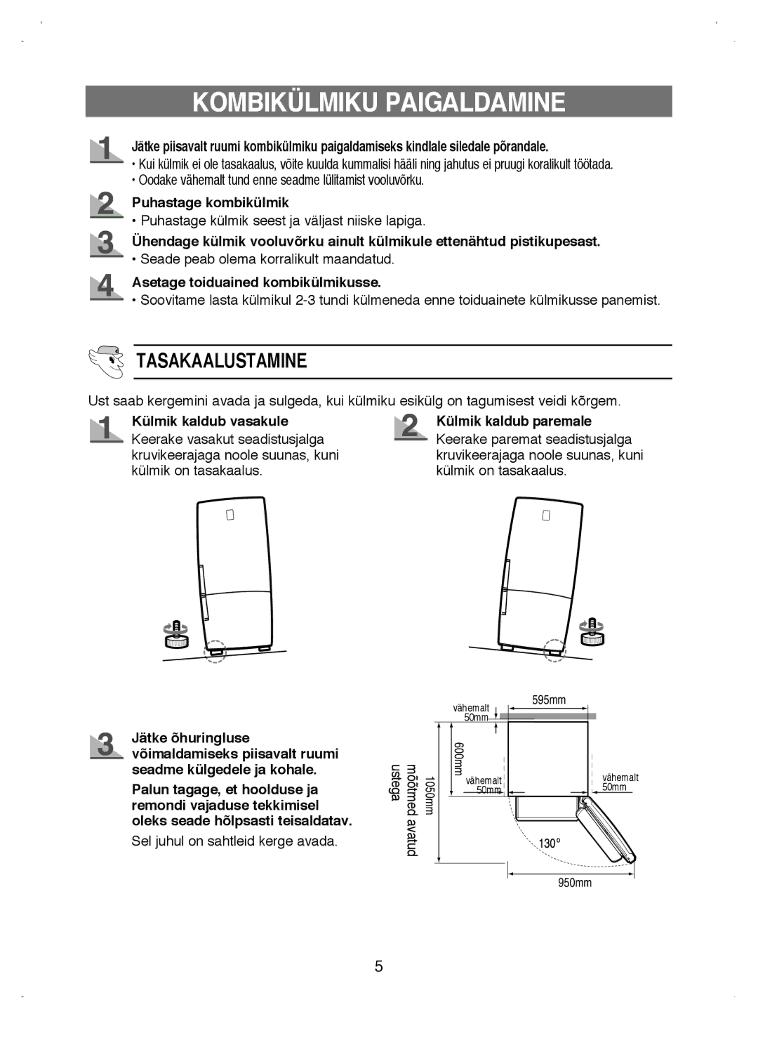 Samsung RL38ECSW1/XEK manual Kombikülmiku Paigaldamine, Tasakaalustamine, Puhastage kombikülmik 