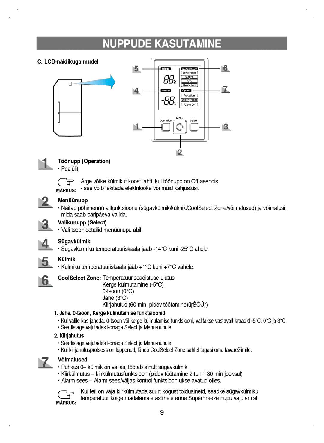 Samsung RL38ECSW1/XEK LCD-näidikuga mudel Töönupp Operation, Menüünupp, Valikunupp Select, Sügavkülmik, Külmik, Võimalused 