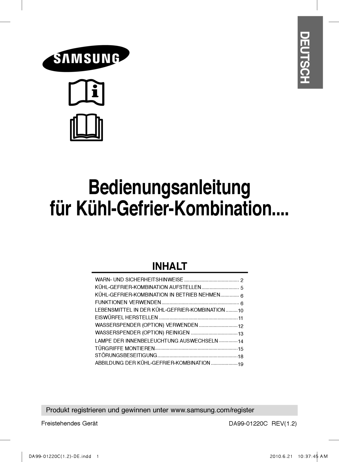 Samsung RL38HCPS1/XEG, RL38HCSW1/XEG, RL44QTPS1/XEG, RL41HGPS1/XEG manual Deutsch, Freistehendes Gerät DA99-01220C REV1.2 