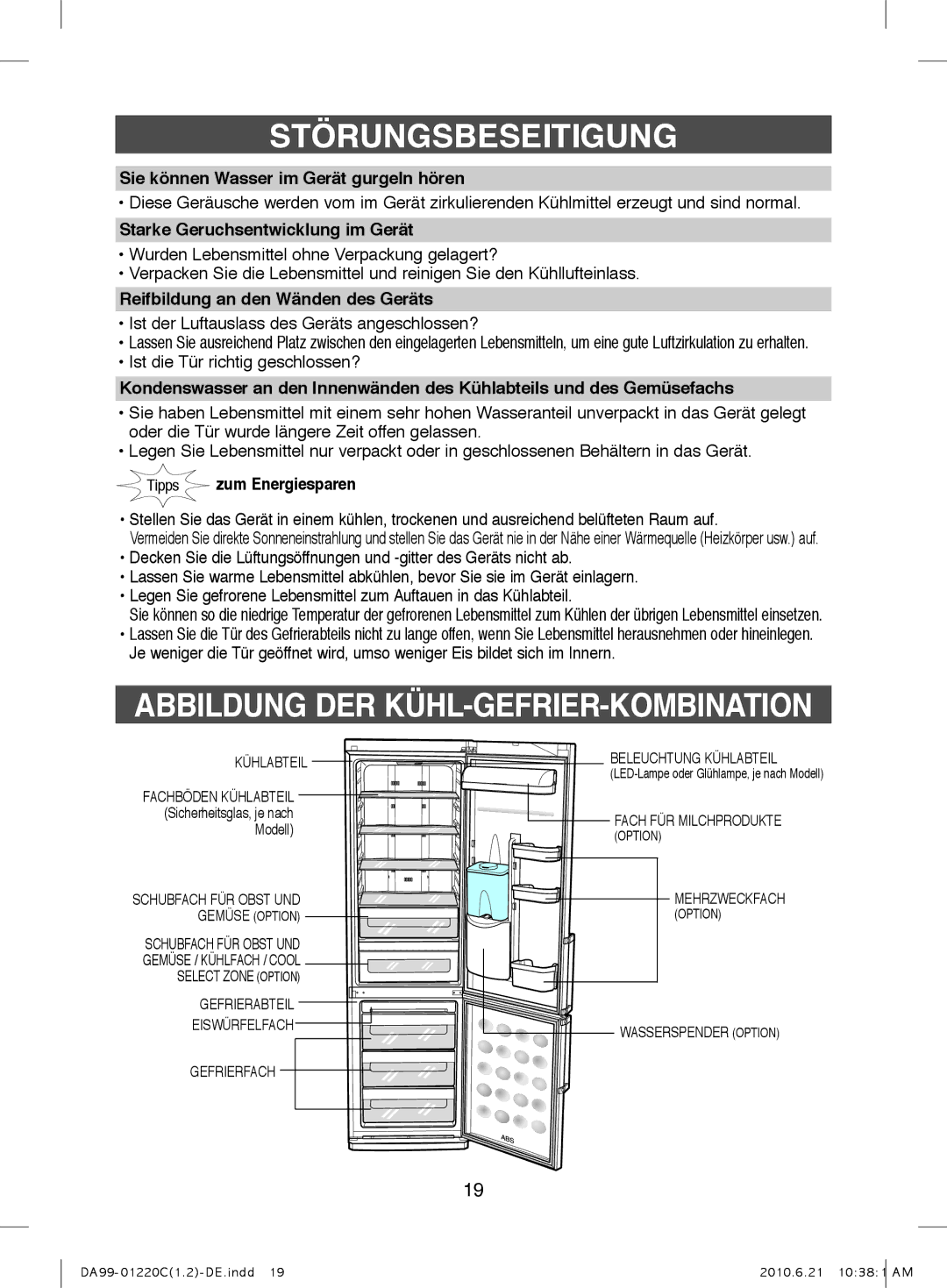 Samsung RL41HGPS1/XEG, RL38HCSW1/XEG manual Abbildung DER KÜHL-GEFRIER-KOMBINATION, Sie können Wasser im Gerät gurgeln hören 