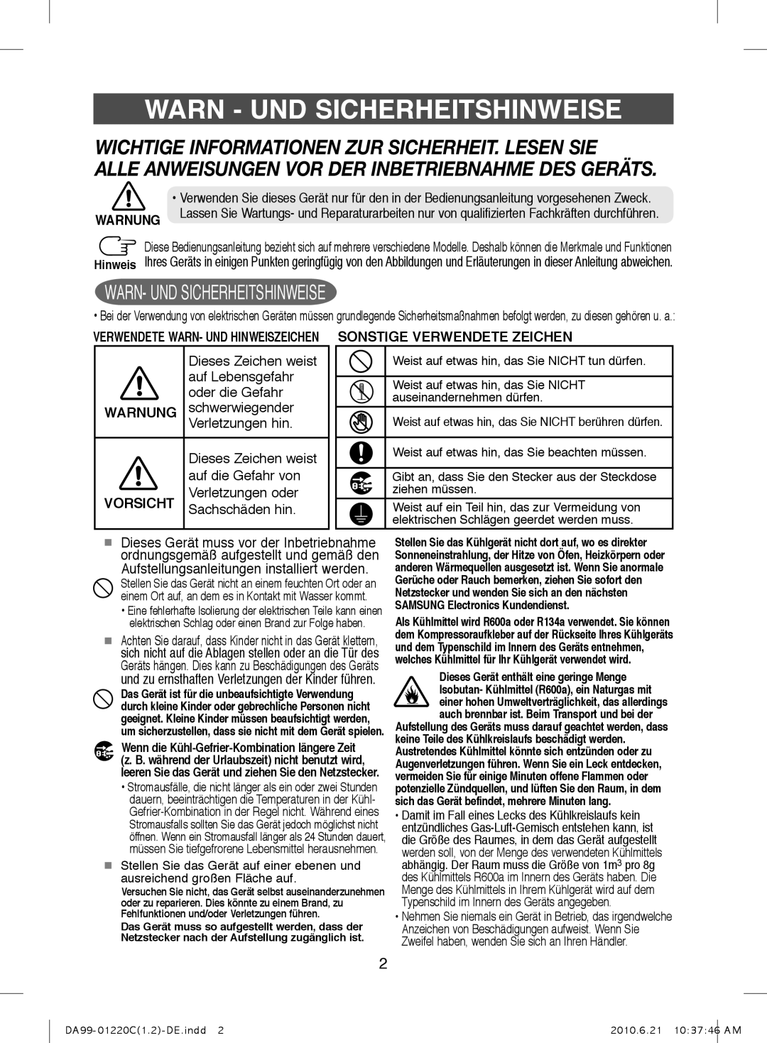 Samsung RL44QTPS1/XEG, RL38HCSW1/XEG, RL38HCPS1/XEG, RL41HGPS1/XEG, RL38SBSW1/XEG, RL38HGPS2/XEG Warn UND Sicherheitshinweise 