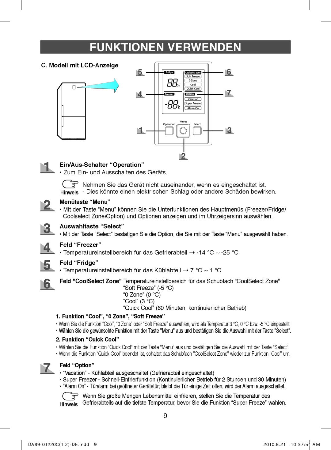 Samsung RL44QETB1/XEG Modell mit LCD-Anzeige Ein/Aus-Schalter Operation, Menütaste Menu, Auswahltaste Select, Feld Freezer 