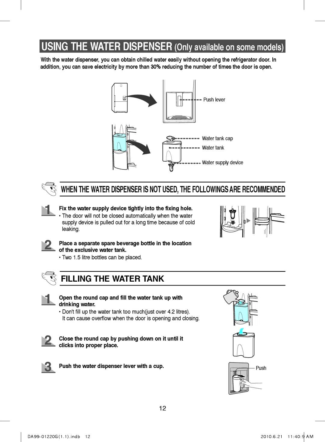 Samsung RL44QCIS1/XET, RL38HGPS2/XEG manual Filling the Water Tank, Fix the water supply device tightly into the fixing hole 