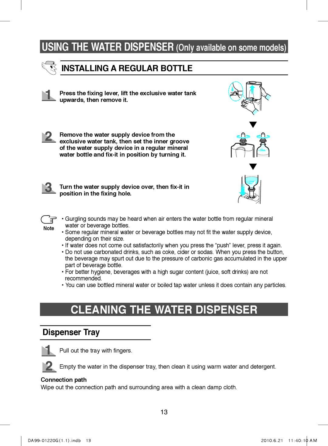 Samsung RL41HGIH1/XET manual Cleaning the Water Dispenser, Installing a Regular Bottle, Dispenser Tray, Connection path 