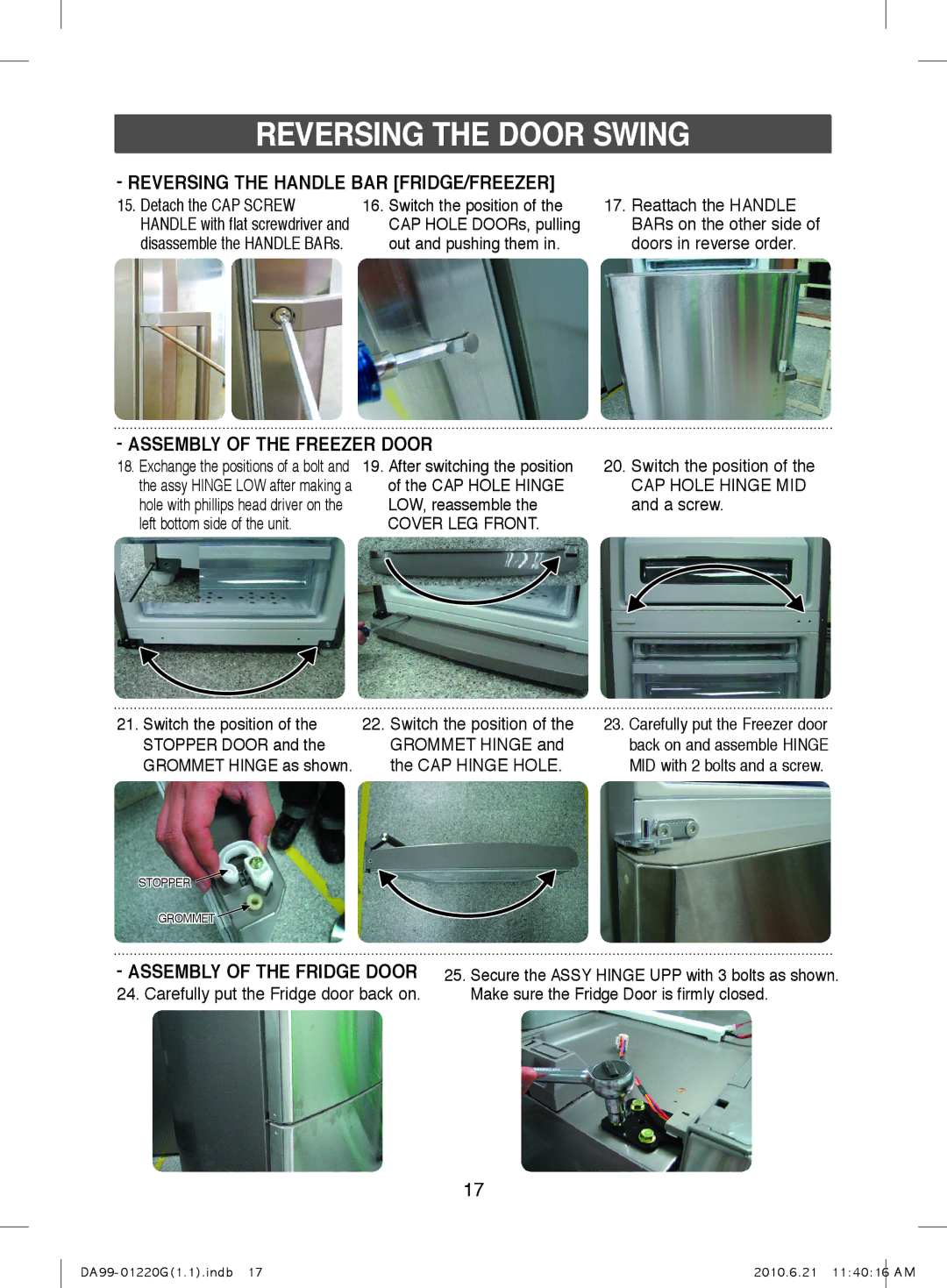 Samsung RL38HGSW1/XET Detach the CAP Screw, LOW, reassemble, Left bottom side of the unit, Stopper Door Grommet Hinge 