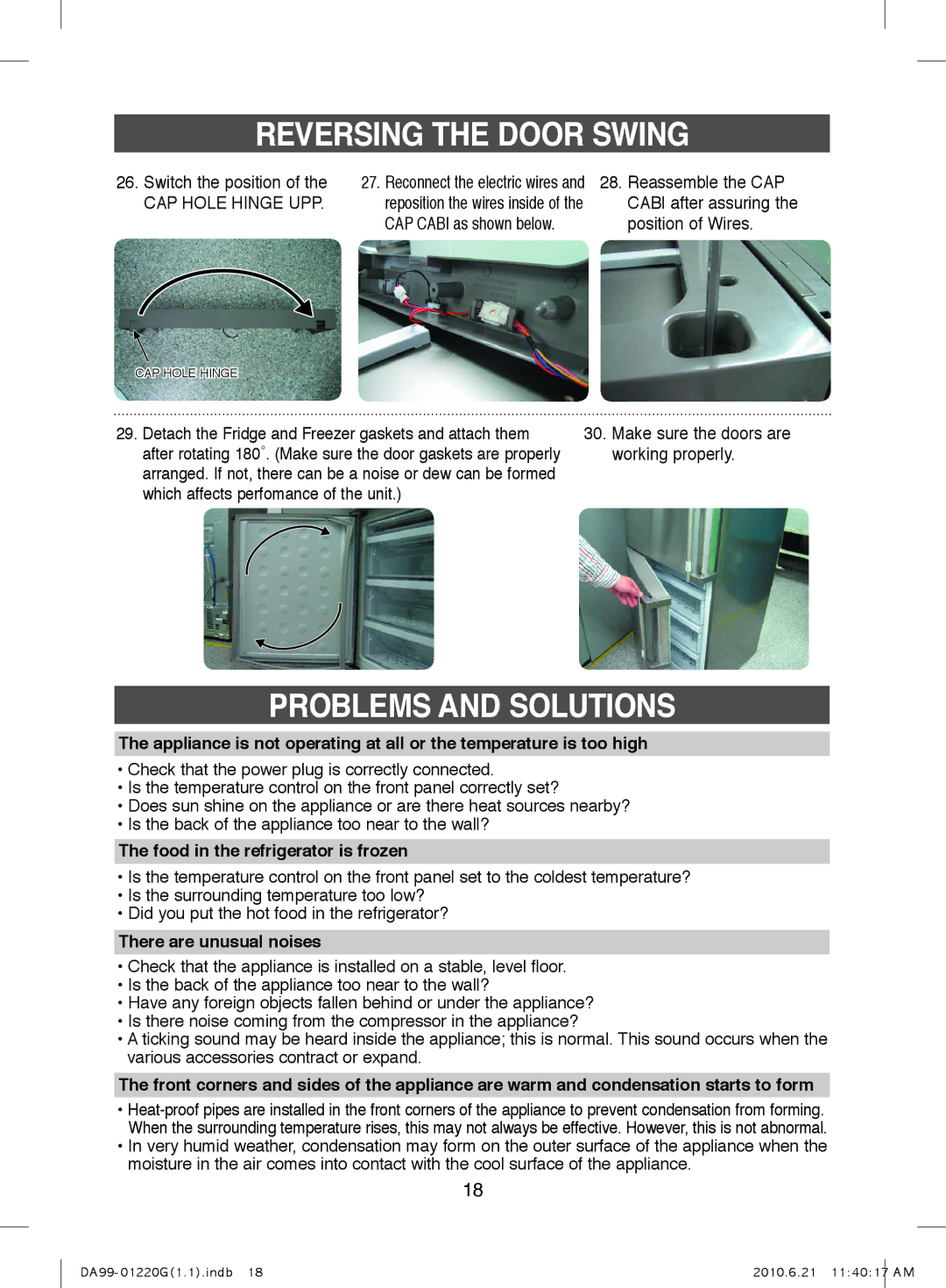 Samsung RL38HGIH1/XET, RL38HGPS2/XEG Problems and Solutions, Food in the refrigerator is frozen, There are unusual noises 