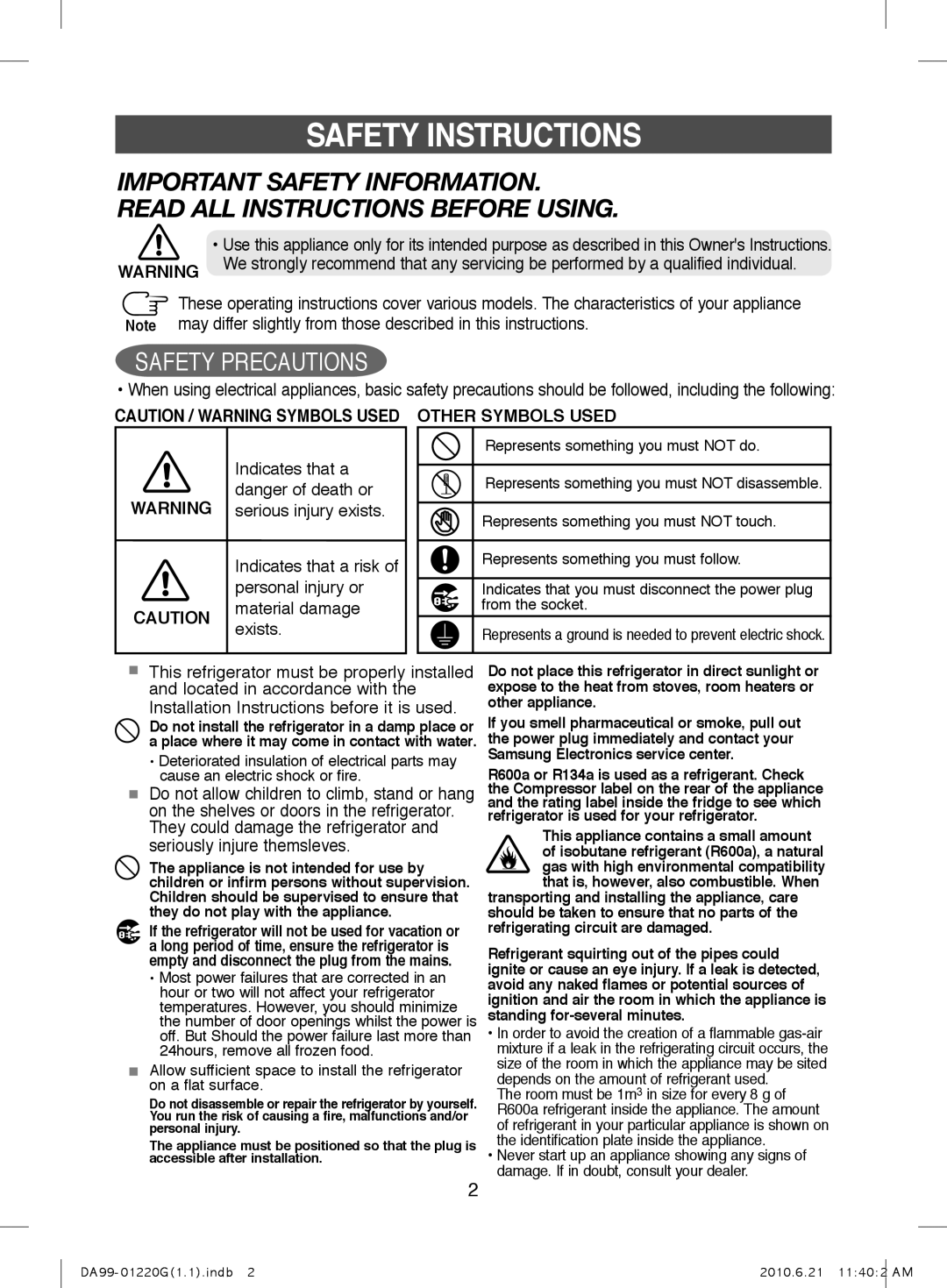 Samsung RL44ECPS1/XET, RL38HGPS2/XEG, RL38HGPS1/XEG, RL41SBPS1/XET, RL41HGSW1/XET Safety Instructions, Safety Precautions 