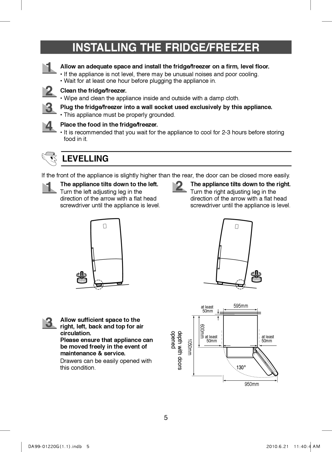 Samsung RL38HGTB1/XET, RL38HGPS2/XEG, RL38HGPS1/XEG, RL44ECPS1/XET, RL41SBPS1/XET Installing the FRIDGE/FREEZER, Levelling 