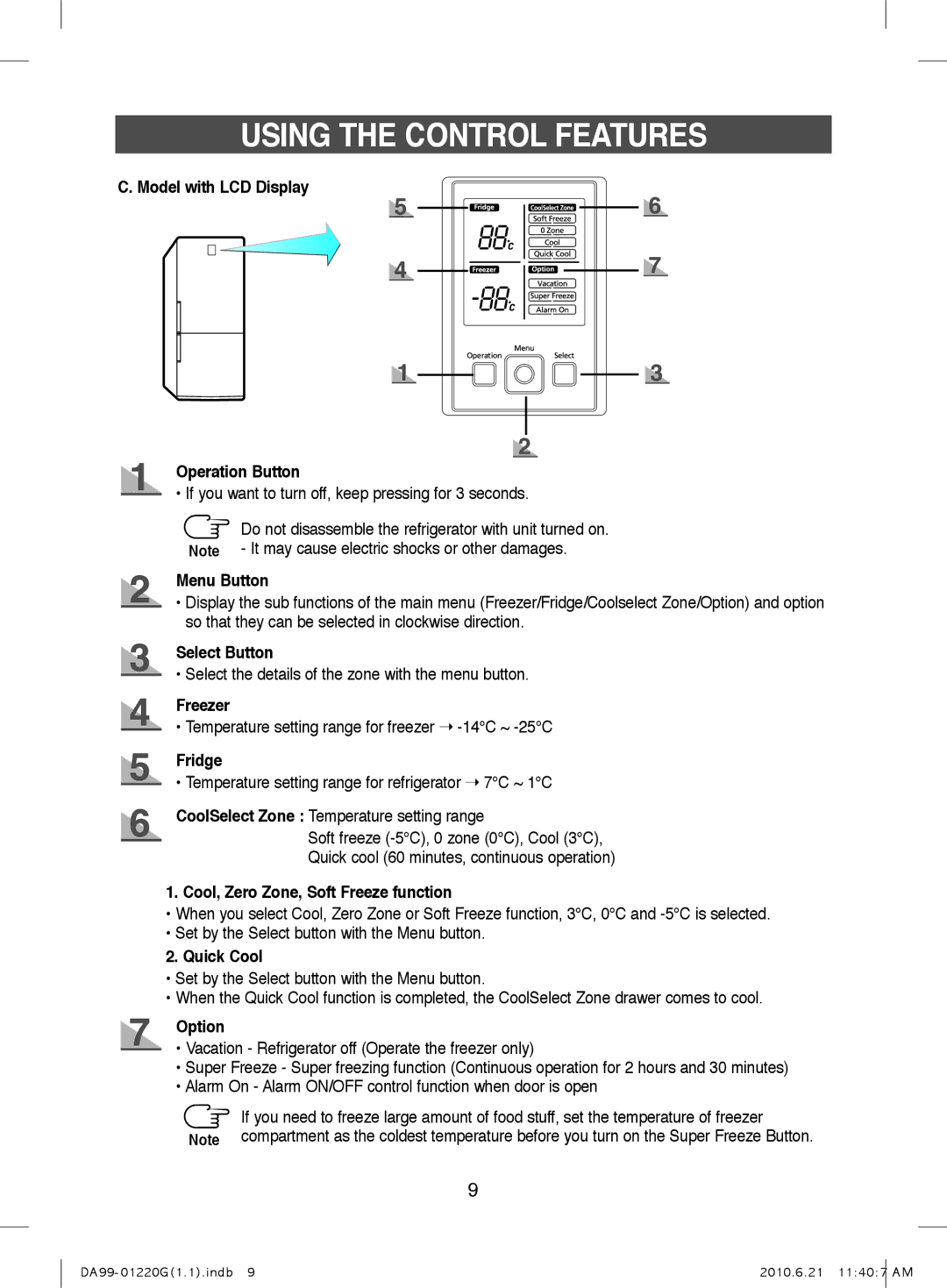 Samsung RL38HGPS1/XET Model with LCD Display Operation Button, Menu Button, Select Button, Freezer, Fridge, Quick Cool 