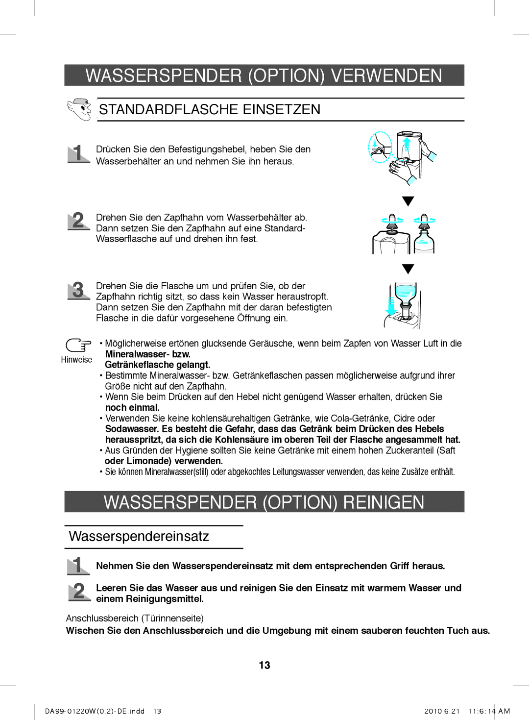 Samsung RL38HGPS1/XEG, RL38HGPS2/XEG Wasserspender Option Verwenden, Wasserspender Option Reinigen, Wasserspendereinsatz 