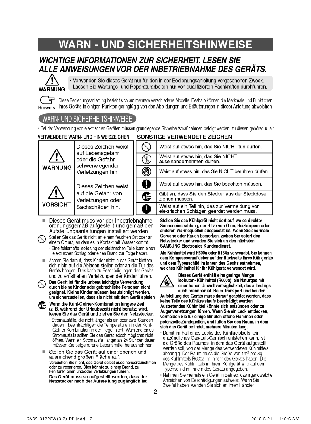 Samsung RL38HGPS2/XEG, RL38HGPS1/XEG manual Warn UND Sicherheitshinweise 